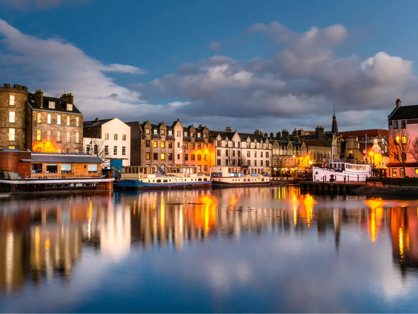 Old Leith Docks at dusk with a cloudy sky during the worst time to visit Scotland