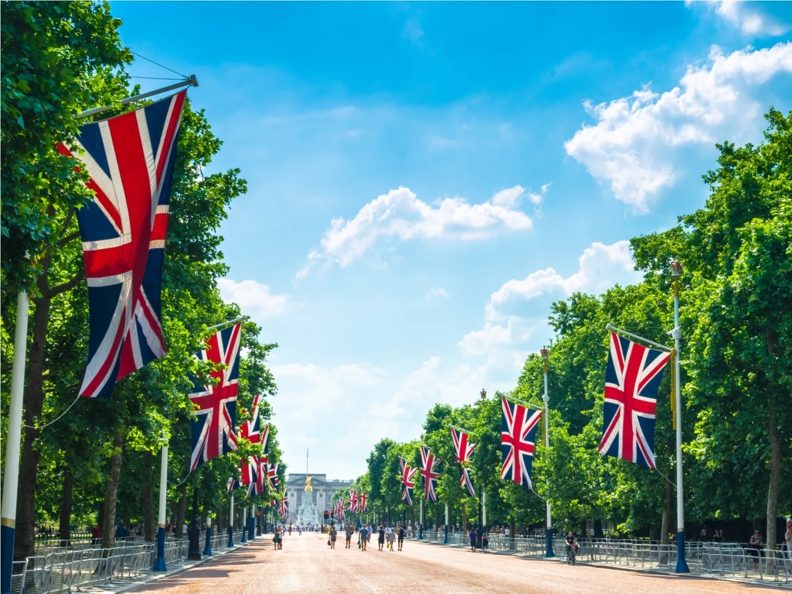 Tourists walking below flags in London during the best time to go