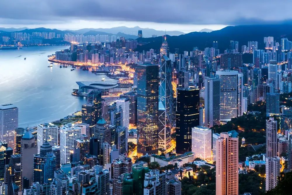 Aerial view of the downtown section with high-rise buildings during the best time to visit Hong Kong