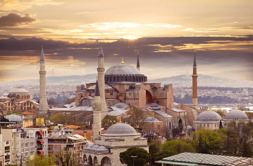 Hagia Sophia in Istanbul at dusk with fog on the horizon for a piece on is Turkey Safe to Visit