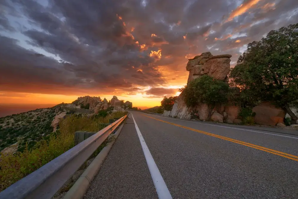 Warm dusk sunset over the Catalina Highway with Mount Lemmon in the background for a piece titled the Best Time to Go to Tucson, Arizona