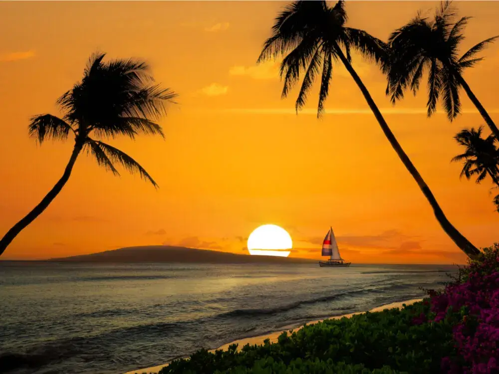 Sailboat off the coast of the short for a piece on the cheapest time to visit Maui