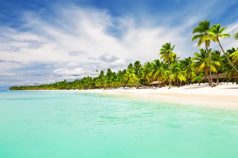 Coconut palm trees on the white sand beach with teal water on a cloudy day during the least busy time to visit the Dominican Republic