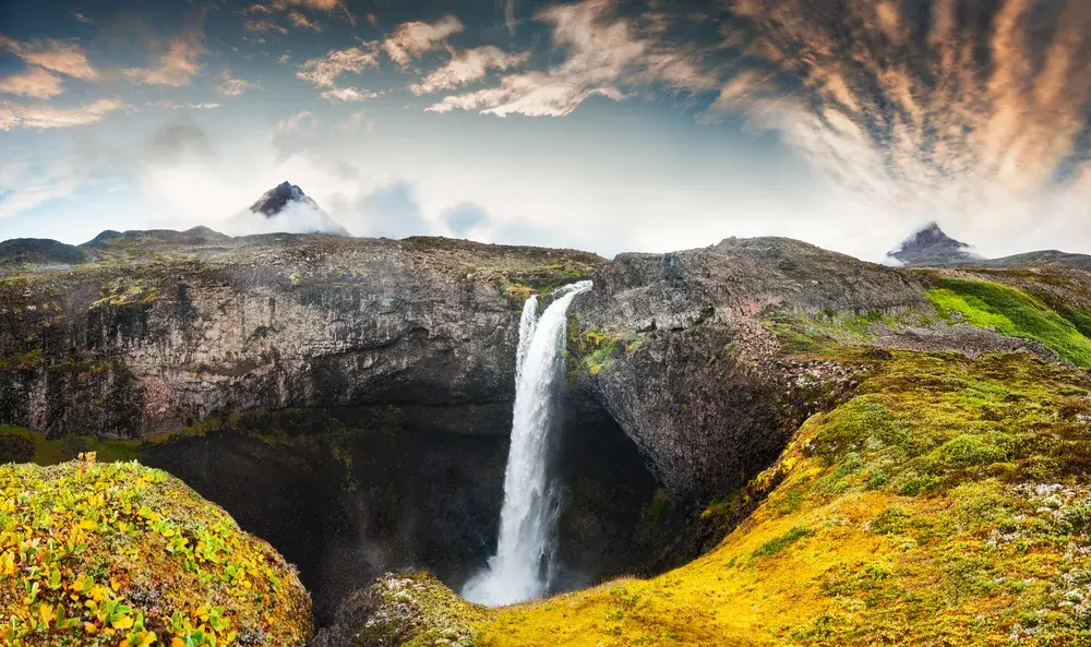 Amazing view of the huge waterfall on Disco Island pictured during the summer, the best time to go to Greenland