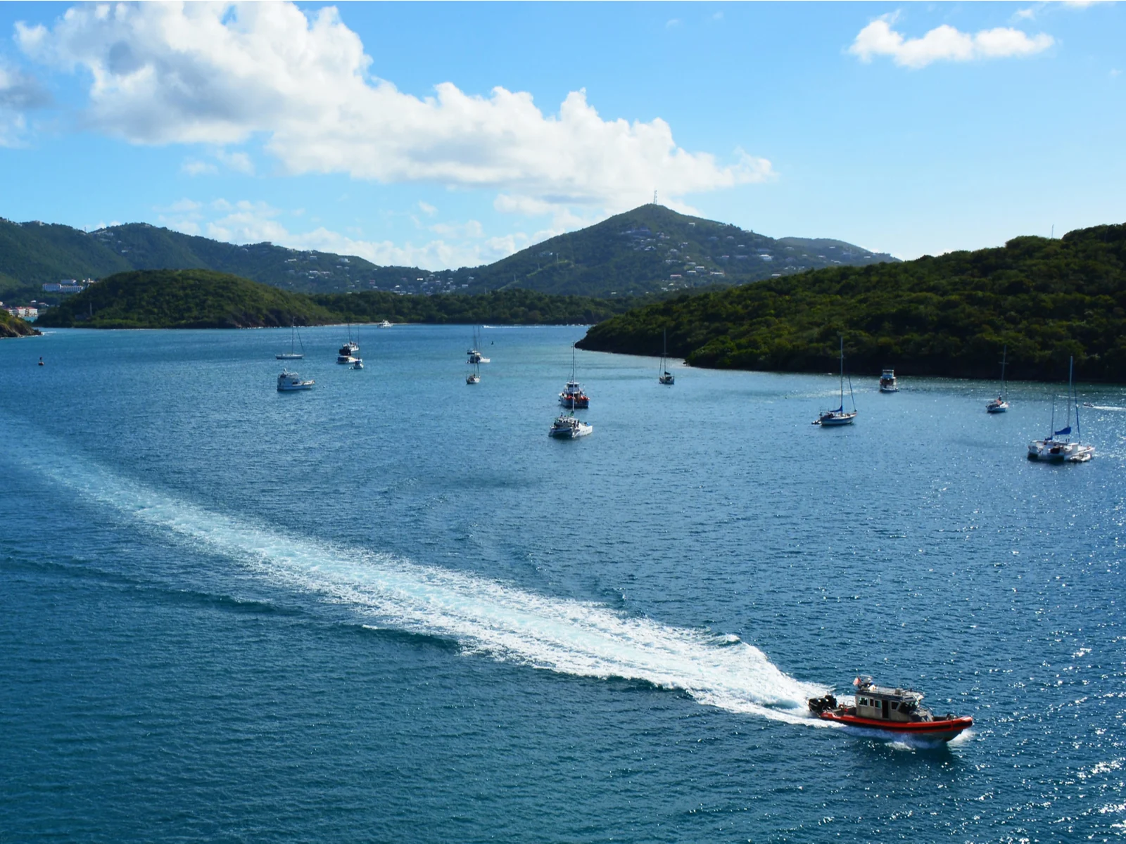 The main port of Charlotte Amalie in Saint Thomas pictured with boats all around the bay