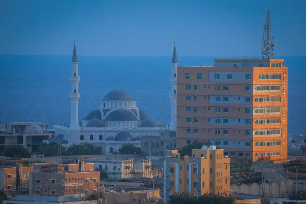 Aerial view of the Mogadishu skyline at dusk in Somalia, one of the most dangerous African countries to visit