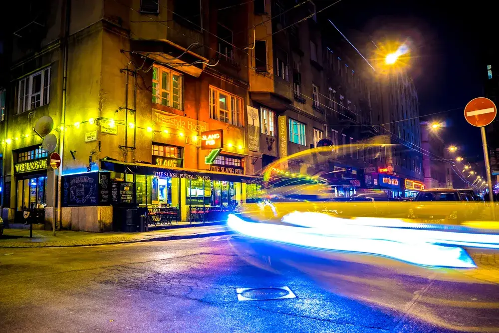 District 7 in Budapest pictured at night for a piece on whether or not Hungary is safe to visit