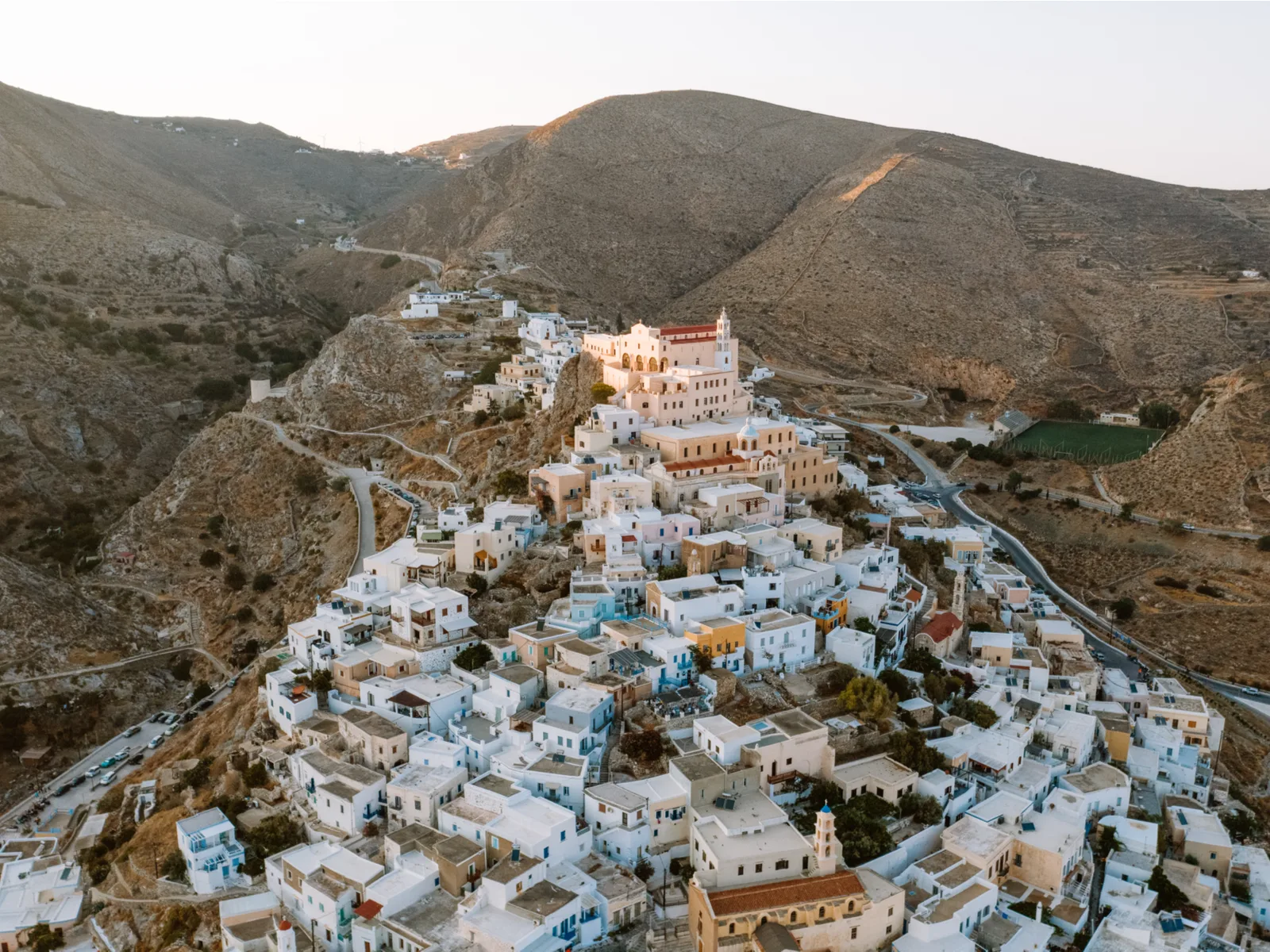 The populated town of Ano Syros and the historic Saint George Cathedral at Syros Island, one of the best islands in Greece to visit