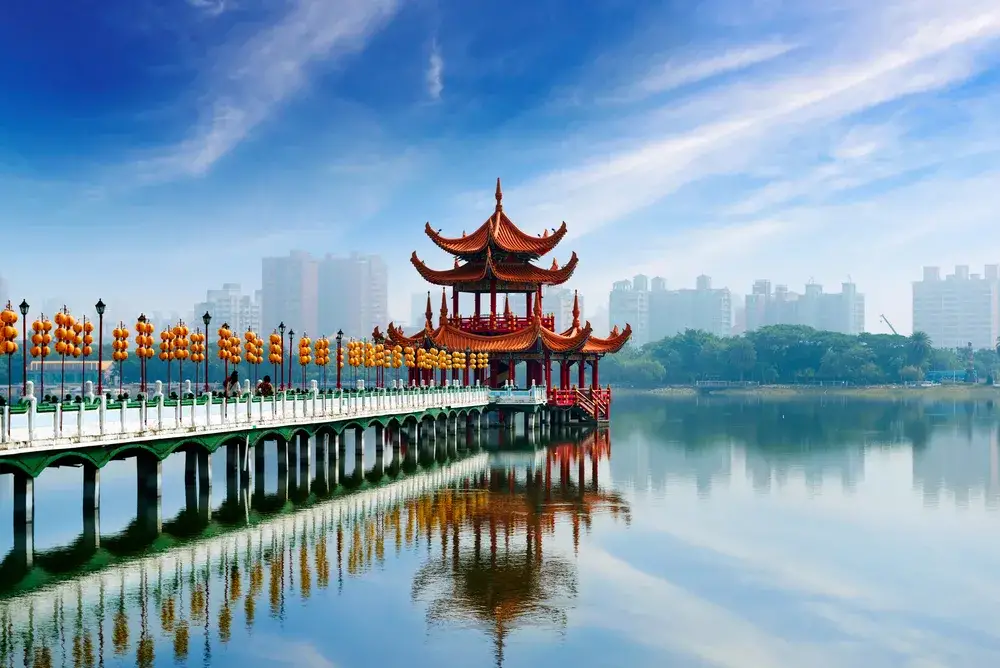 Kaosiung pictured with a dock above the water during the least busy time to visit Taiwan