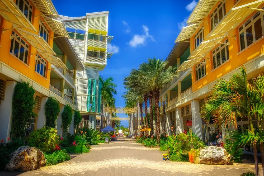 Empty streets of the downtown shopping center pictured during the least busy time to visit Grand Cayman with nobody in sight and blue skies above