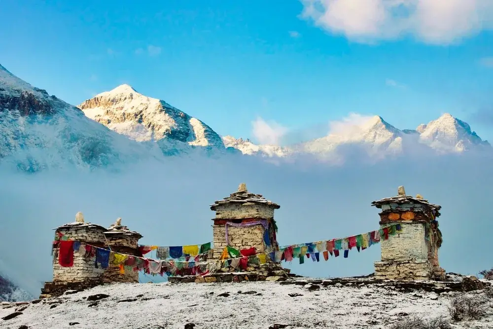 Mountain views of Buddhist stupas at Jomolhari Base during the best time to visit Bhutan