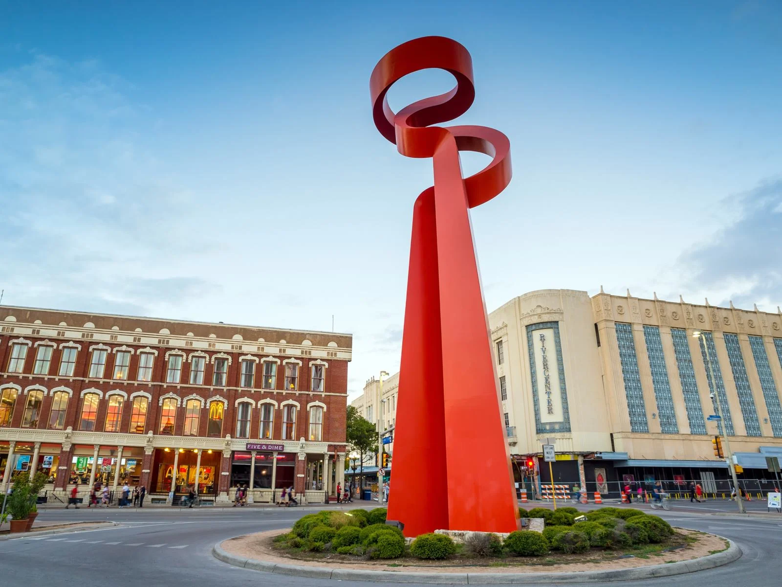 Giant red metal sculpture in the middle of downtown for a piece on Is San Antonio safe