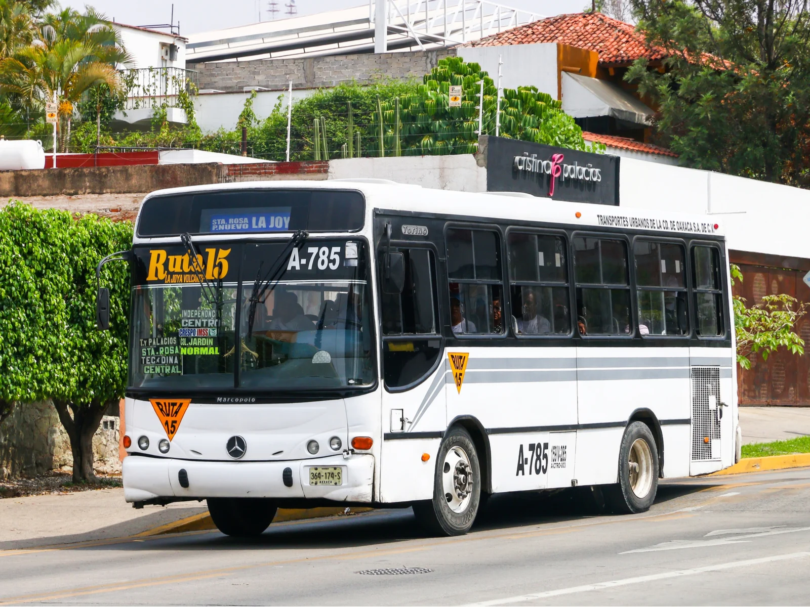 Small city bus in the Marcopoplo Torino street for a piece titled Is Oaxaca safe