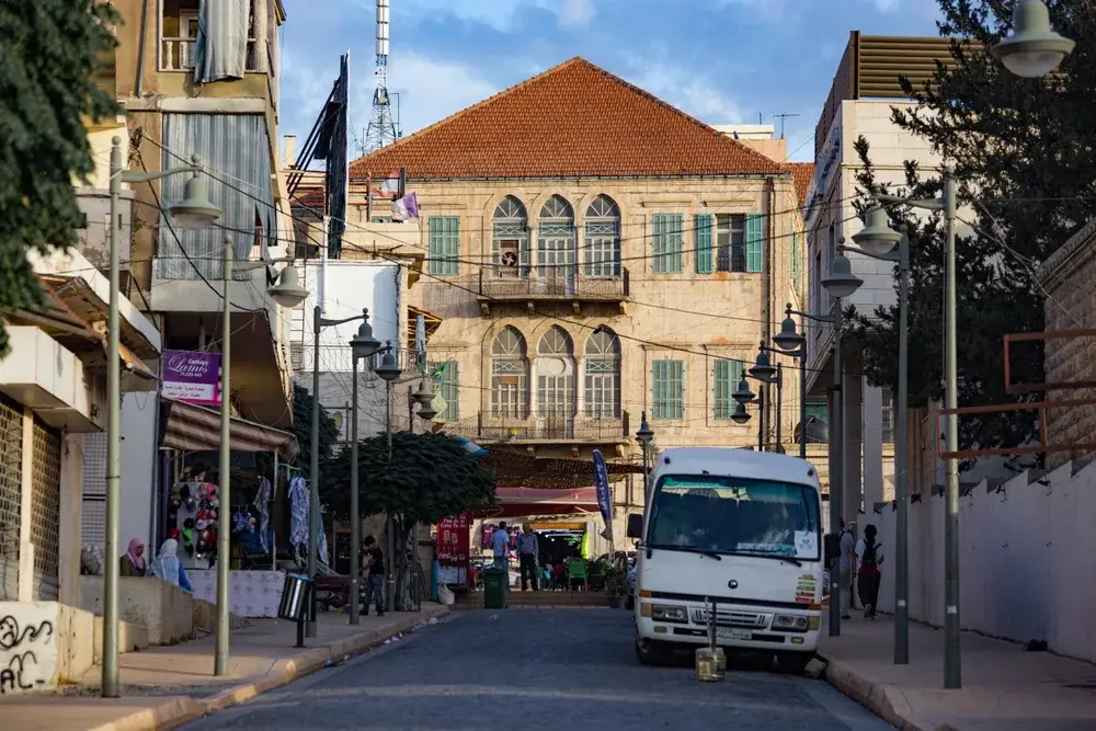 People and trucks on the street in Baalbek in the Beqaa Valley, one of the least safe places in Lebanon