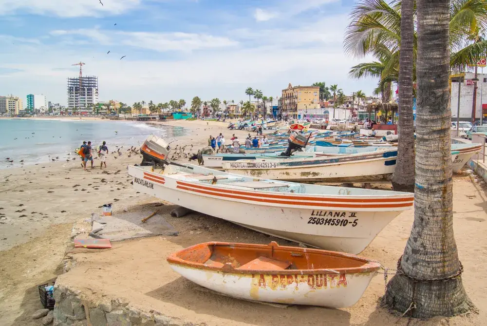 Beaches in Mazatlan (for a piece on whether or not it is safe to visit) pictured on a clear day with few tourists on it