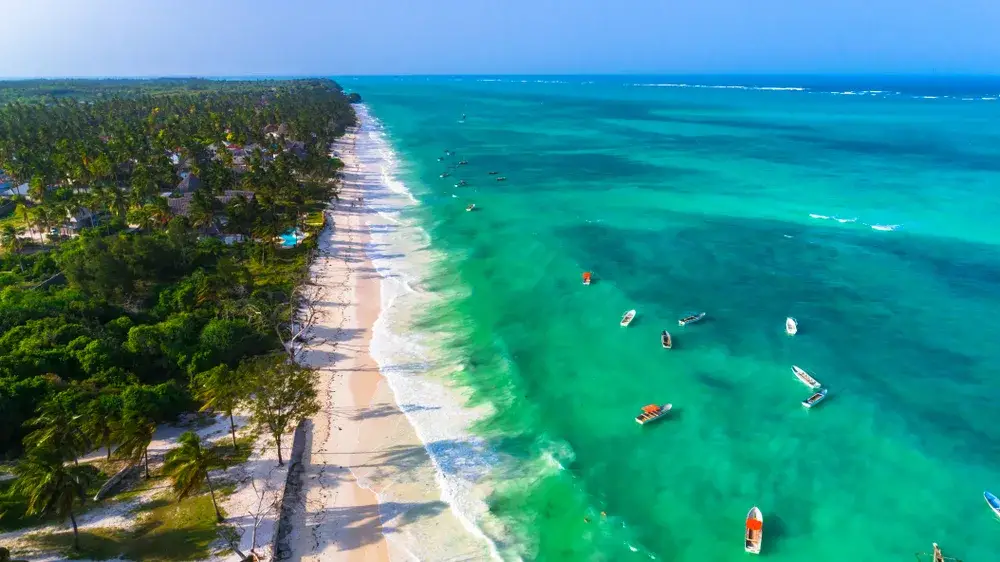 Aerial view of Paje Village in Zanzibar pictured during the least busy time to visit with no visitors on the beach