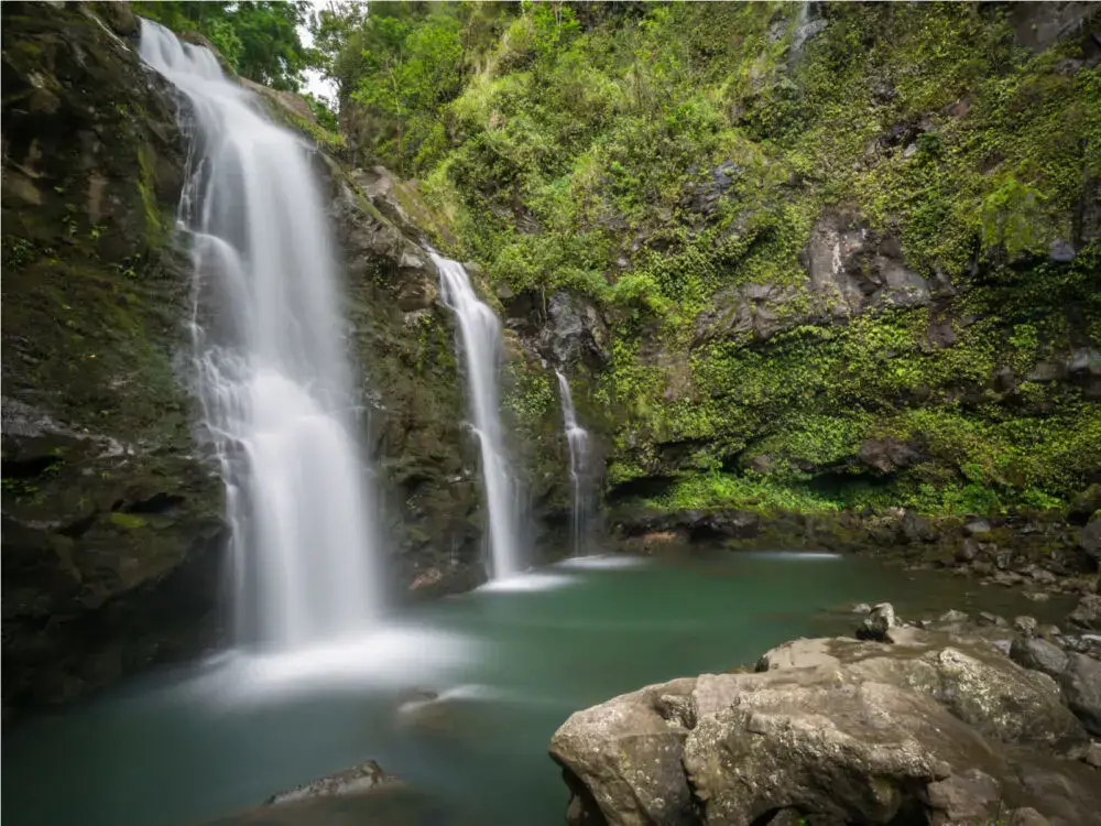 Three Bears Falls pictured during the best time to visit Maui, the early Summer