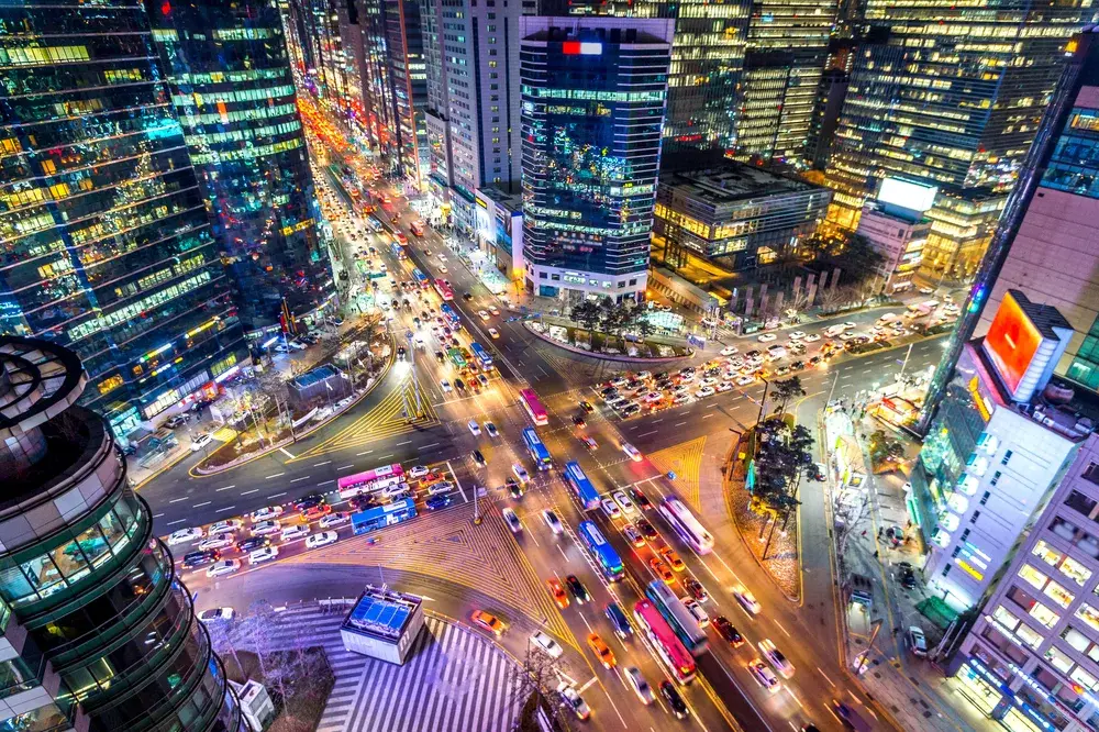 Traffic speeding through Gangnam Square in Seoul for a piece on Is South Korea Safe