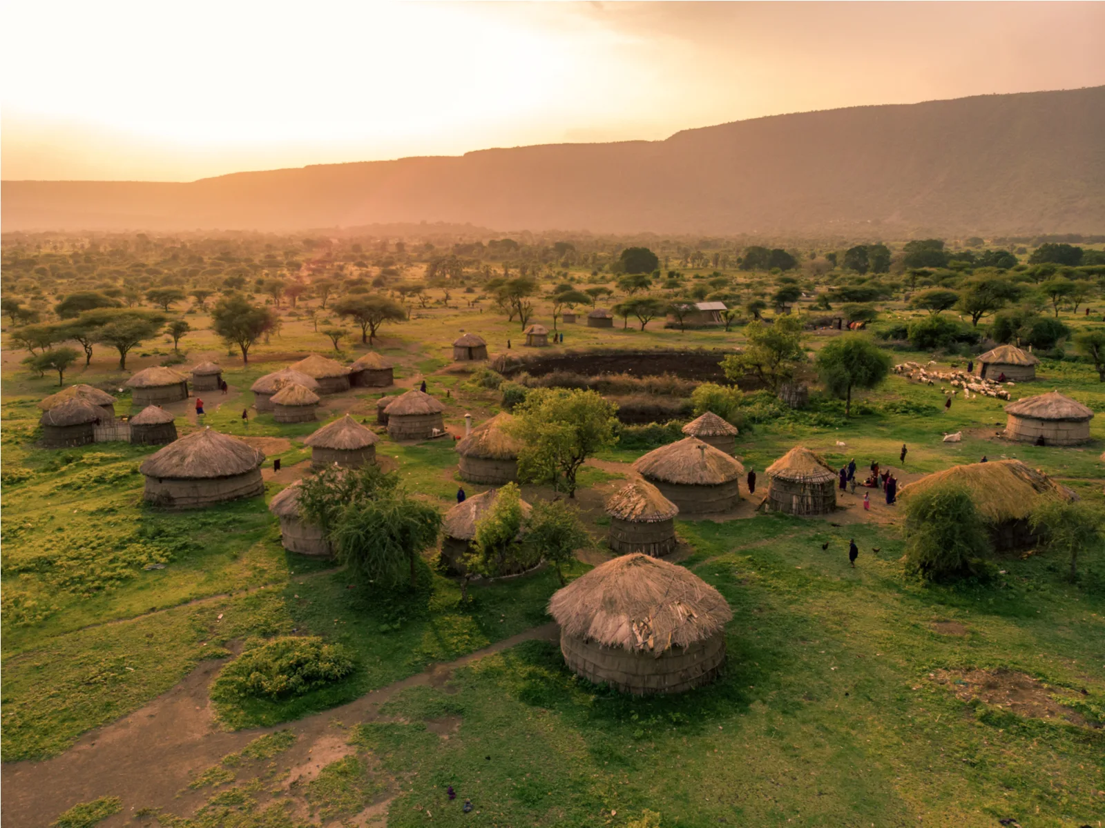 Drone shot of Masai Village in Tanzania